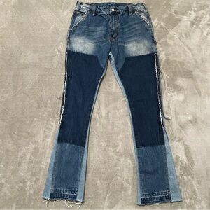 MNML Patchwork Flare Jeans Retro Wide Leg Distressed Streetwear Denim Size 30